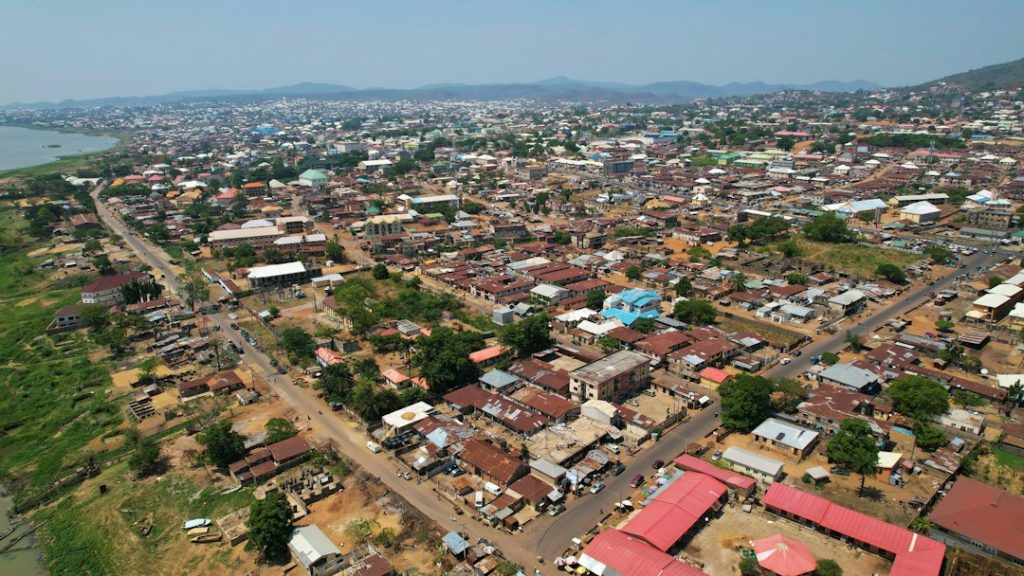 Aerial view of land and urban development
